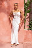 Lyna White Satin Cowl Neck Maxi Dress