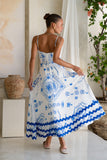 Le Soleil Blue Abstract Ric Rac Flared Maxi Dress