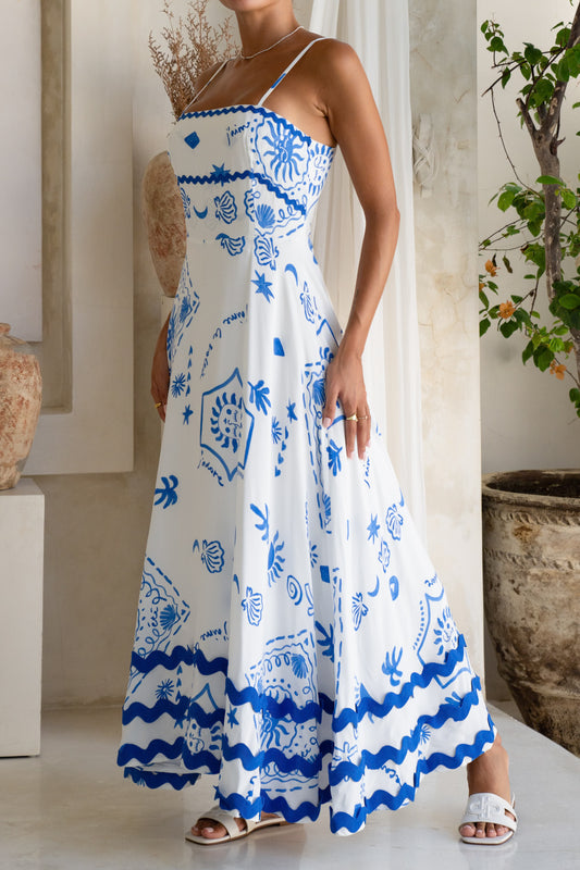 Le Soleil Blue Abstract Ric Rac Flared Maxi Dress