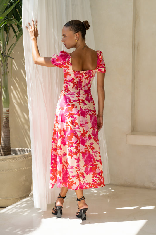 Mabel Pink Red Floral Sweetheart Midi Dress