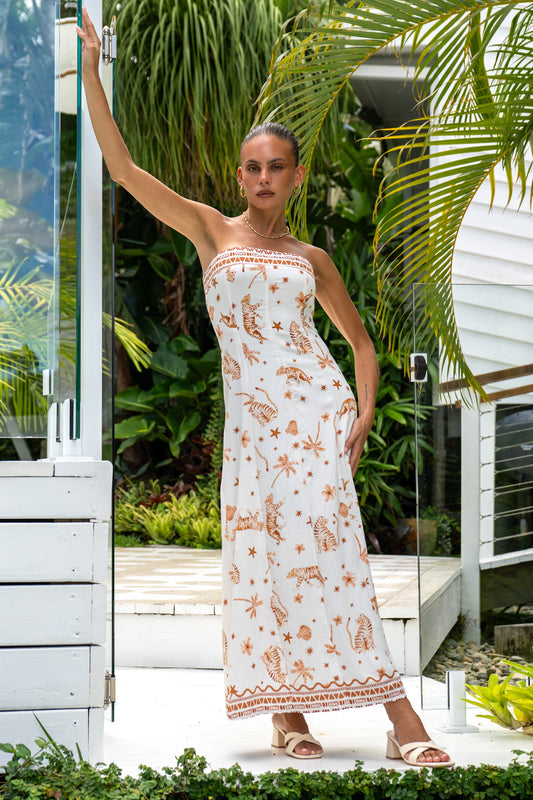 Ailani Brown Tropical Strapless Maxi Dress