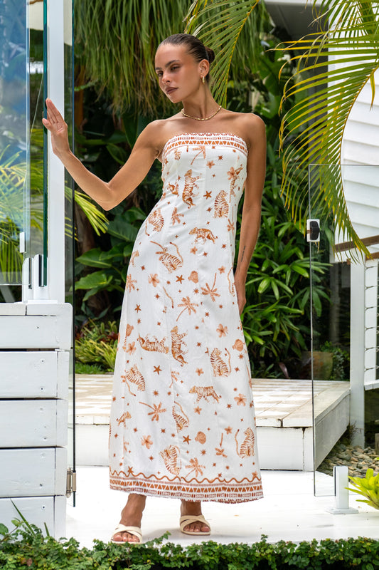 Ailani Brown Tropical Strapless Maxi Dress