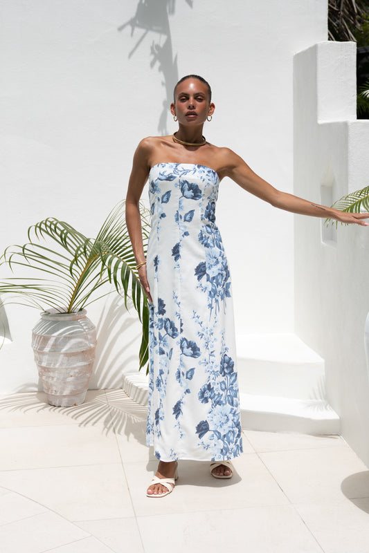 Charise Blue Floral Strapless Maxi Dress