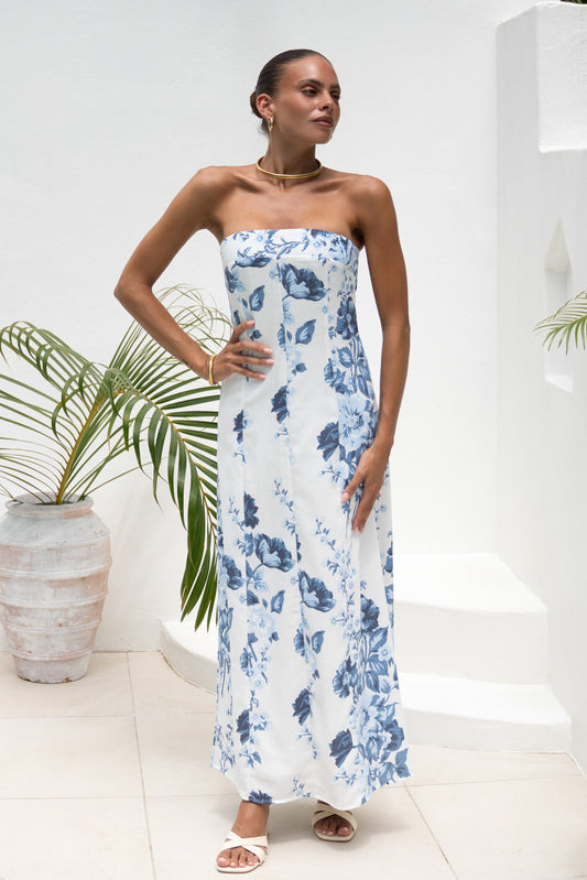 Charise Blue Floral Strapless Maxi Dress