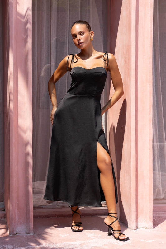 Livy Black Satin Midi Dress