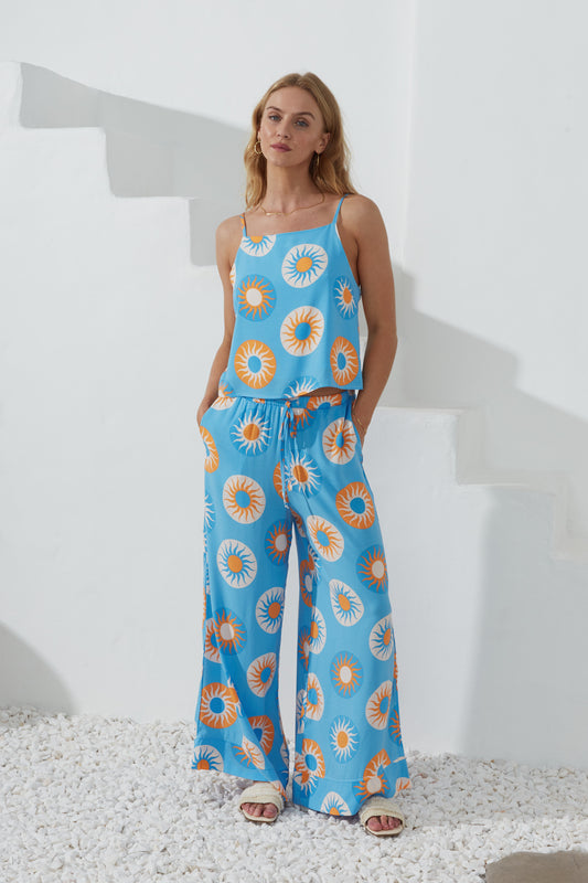 Serin Blue Abstract Sun Wide Leg Pants