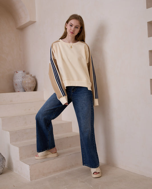 Alex Cream Beige Contrast Stripe Sweatshirt