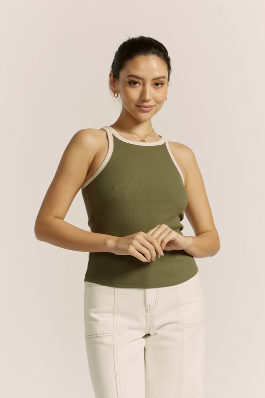 Rowen Khaki Green Contrast Ribbed Tank Top