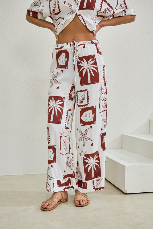 Mira Brown Sea Shells Tropical Wide Leg Pants