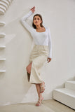 Evan Beige Faux Leather PU Midi Skirt