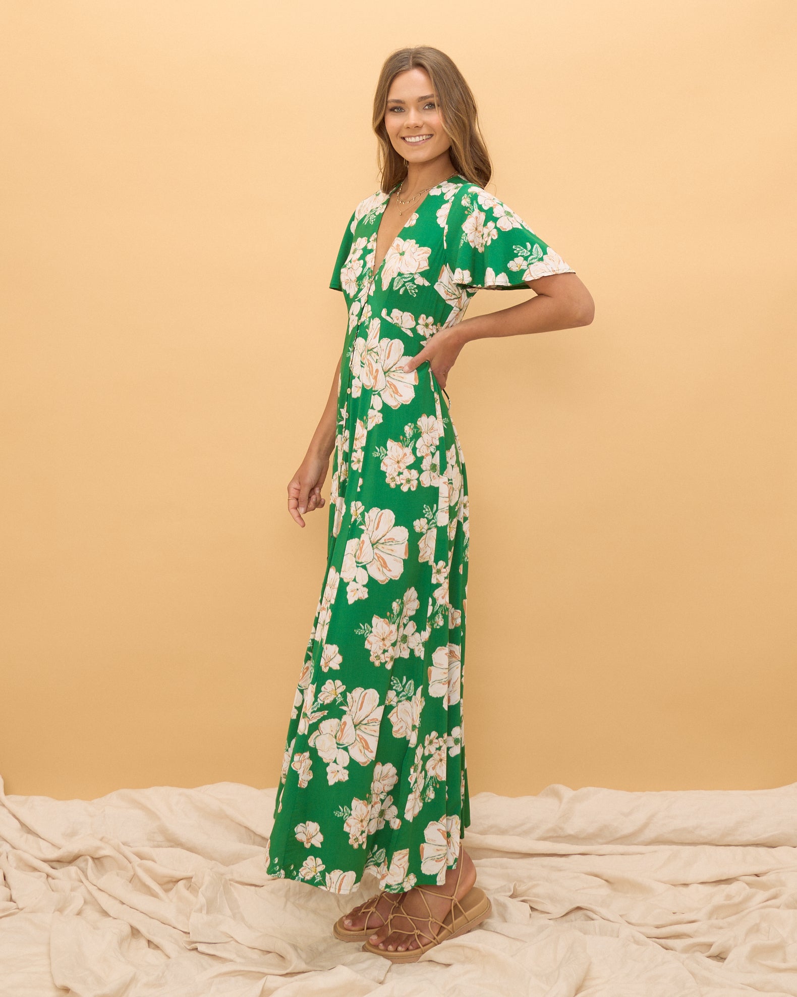 Green floral wrap maxi on sale dress