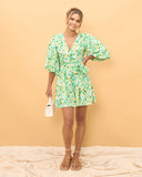 Emilie Green Floral Puff Sleeve Wrap Mini Dress