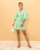 Emilie Green Floral Puff Sleeve Wrap Mini Dress