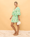 Emilie Green Floral Puff Sleeve Wrap Mini Dress